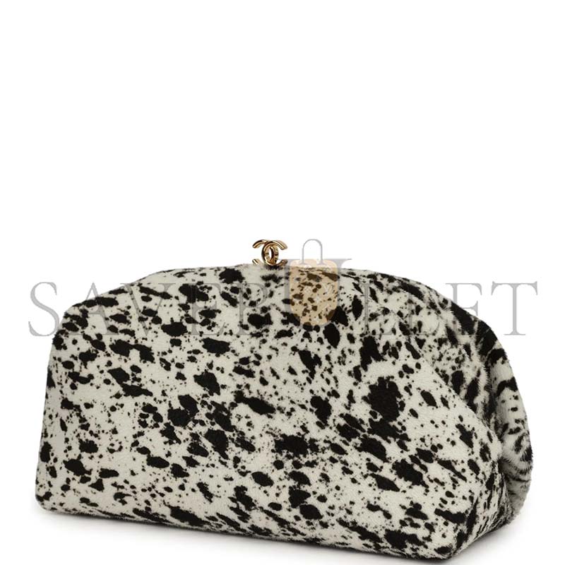 Ch**el MASTER DALMATIAN PRINT CLUTCH WITH CHAIN BLACK WHITE PONY HAIR GOLD HARDWARE (26*17*12cm)